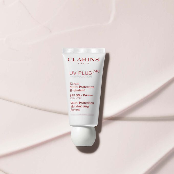 Packshot of Clarins UV Plus Anti-Pollution Rose that provides a glowy effect with sun and pollution protection