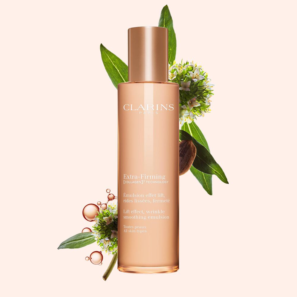 Packshot of Clarins Extra-Firming Emulsion for all skin types, alongside mitracarpus plant, pecan seed and collagen molecule.