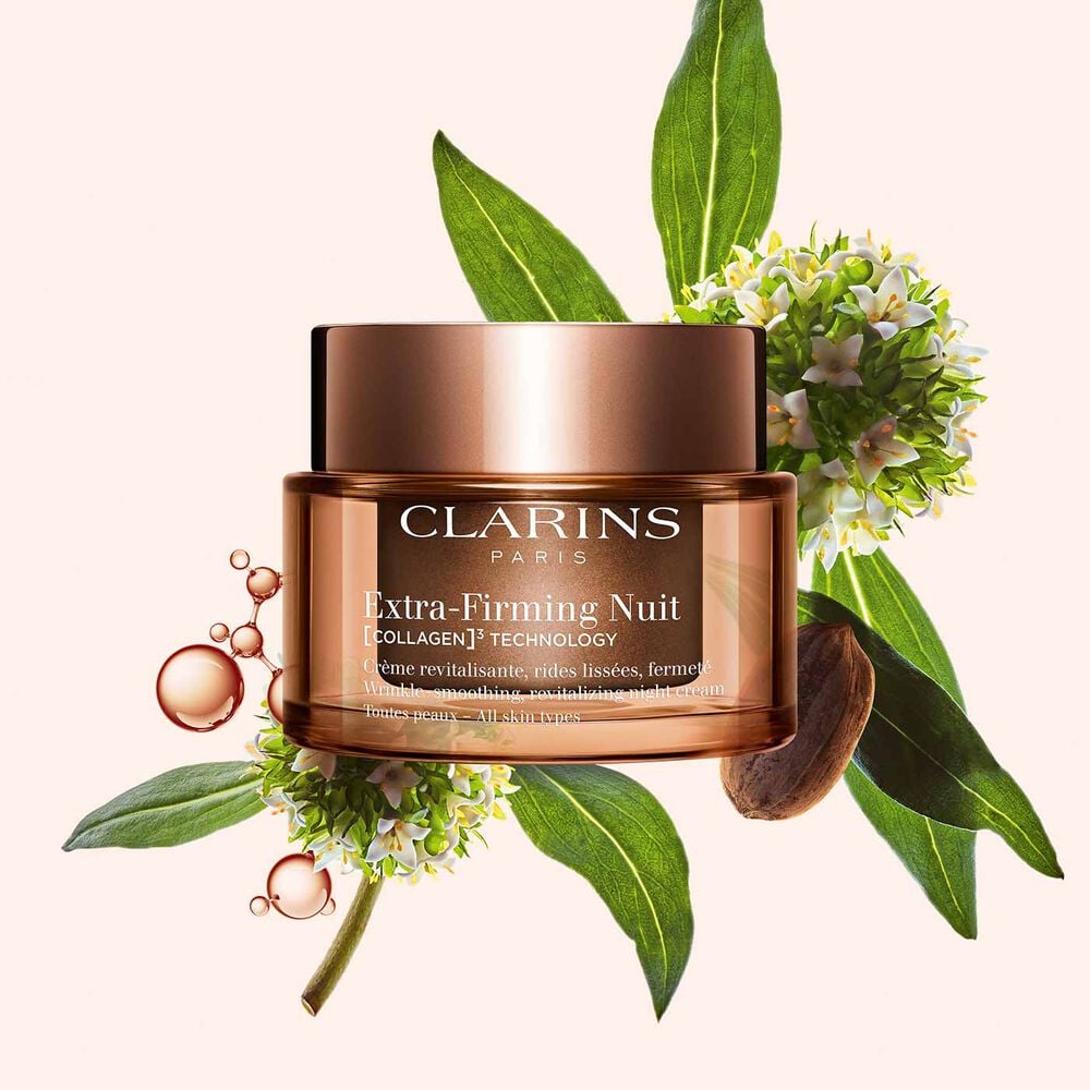 Packshot of Clarins Extra-Firming Night Cream for all skin types, alongside mitracarpus plant, pecan seed and collagen molecule.