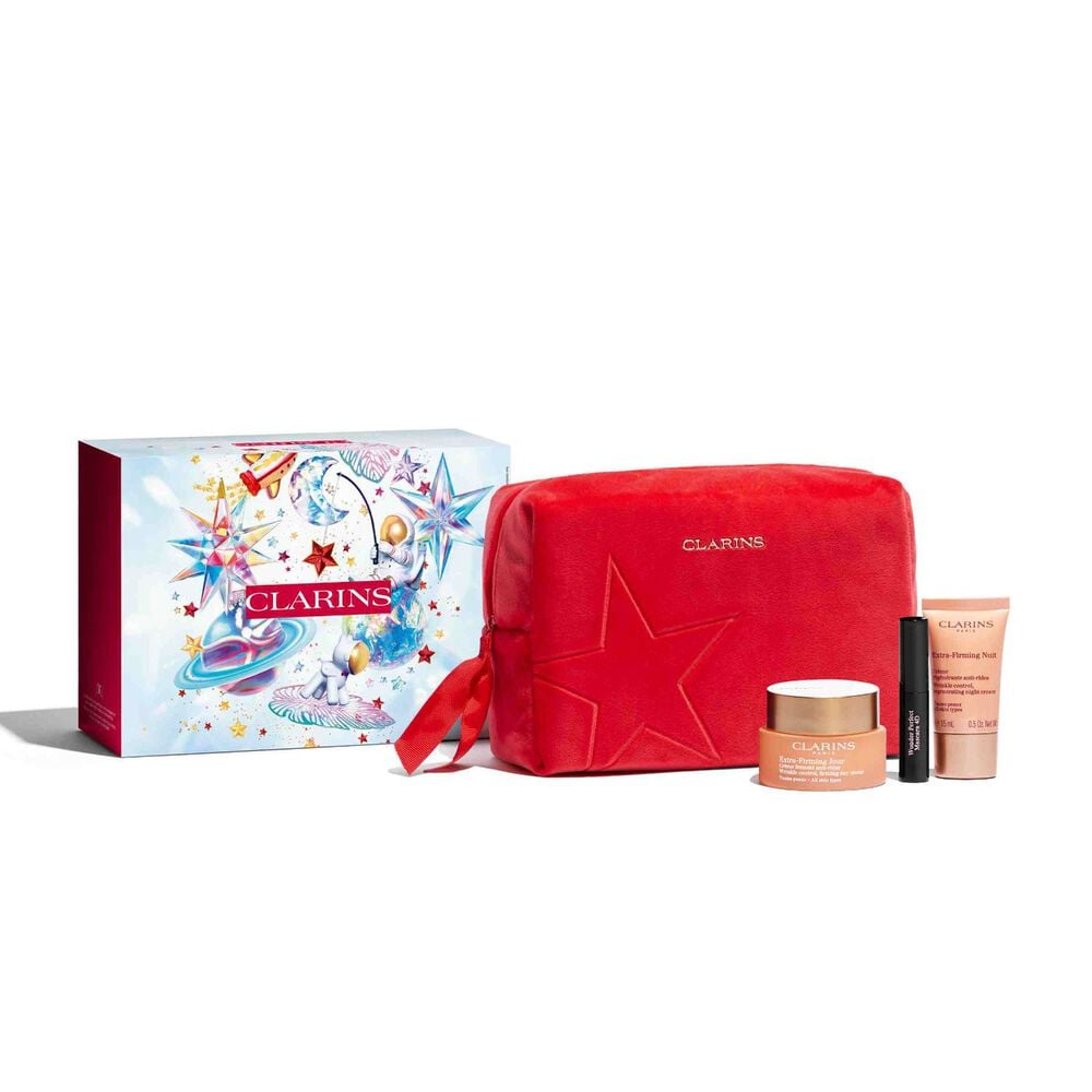 Packshot of Clarins Extra Firming Holiday Season Gift Set components: gift package, make-up bag, and selected products.