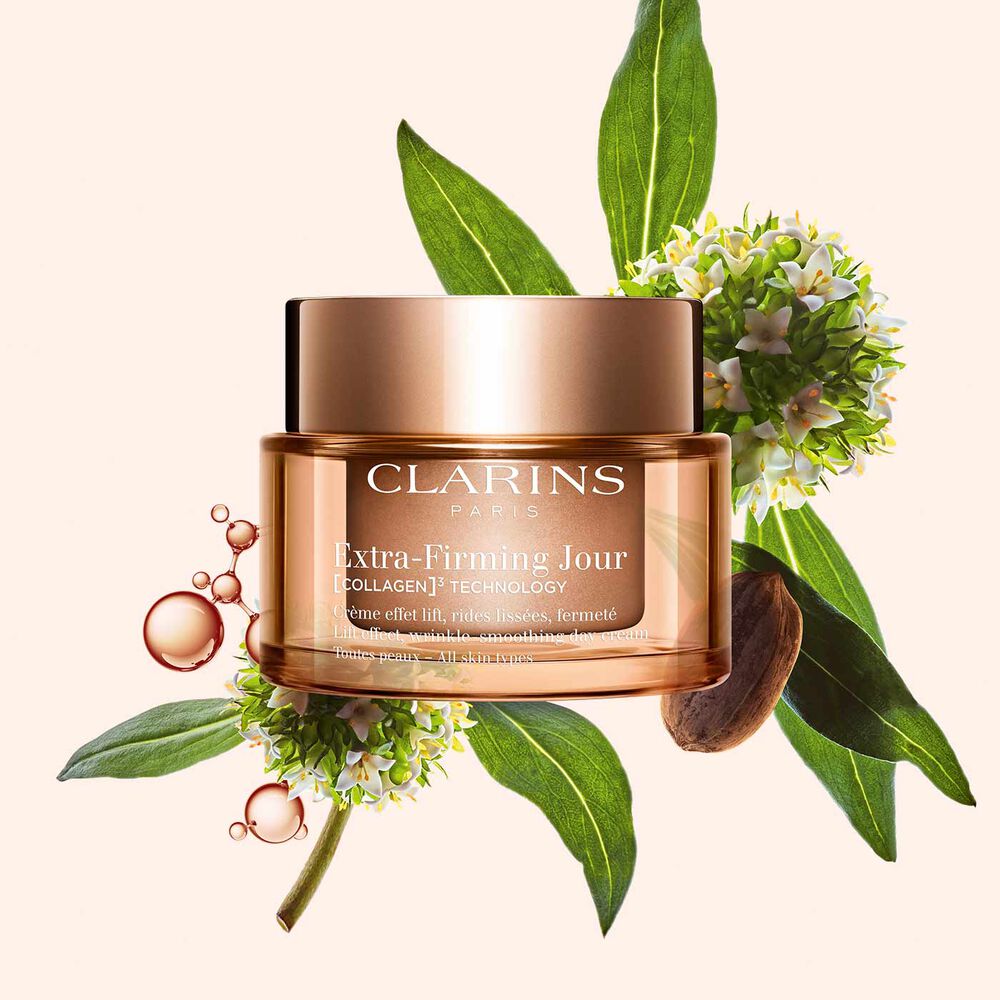 Packshot of Clarins Extra-Firming Day Cream for all skin types, alongside mitracarpus plant, pecan seed and collagen molecule.