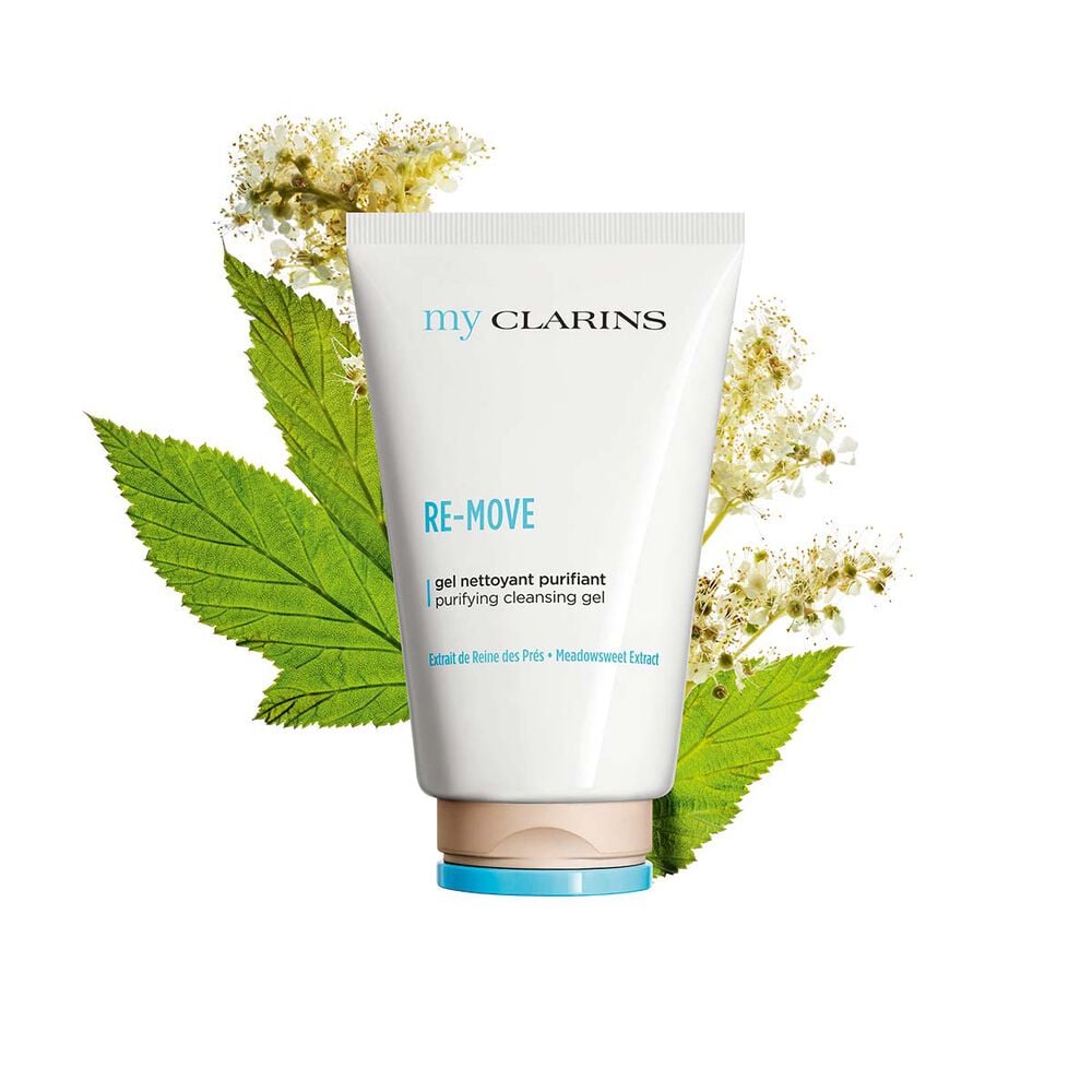 My Clarins Re-Move Purifying Cleansing Gel packshot with  Meadowsweet ingredient