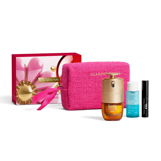 Clarins anti ageing eye care set featuring full size double serum eye makeup remover and mini mascara in a pink pouch.