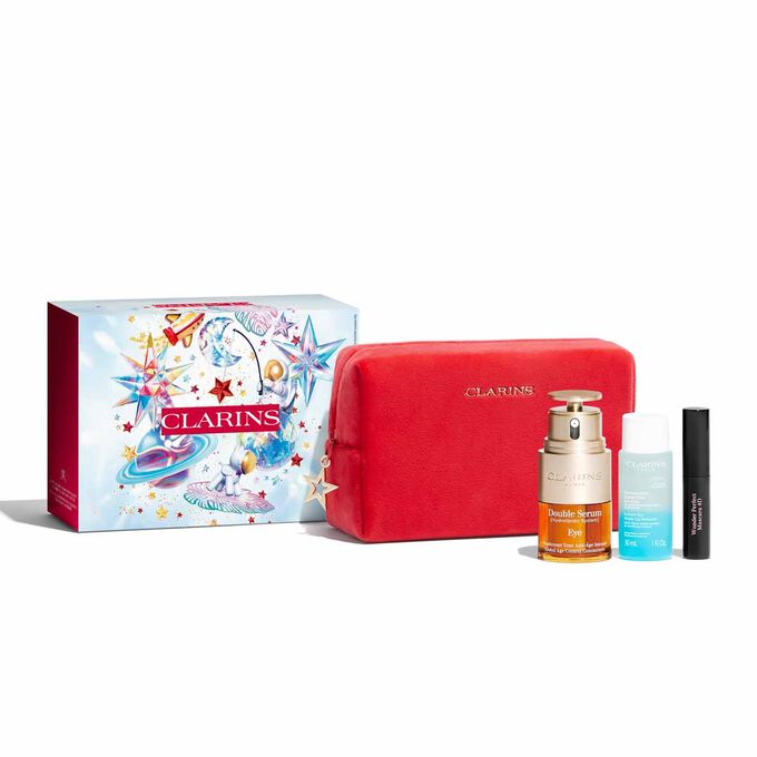 Packshot of Clarins Double Serum Eyes Holiday Season Gift Set, featuring a gift package, a make-up bag and selected products.