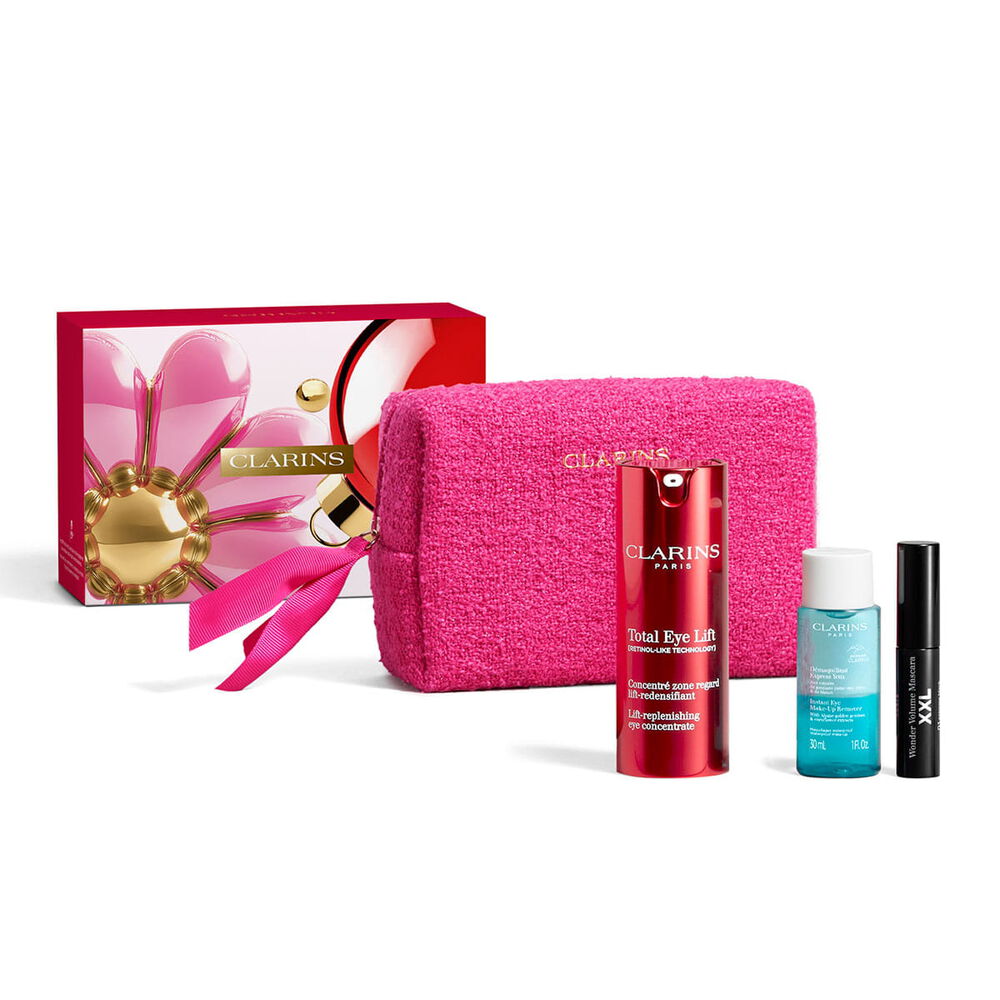 Clarins total eye lift skincare set featuring full size eye serum, makeup remover and mini mascara in a pink pouch.