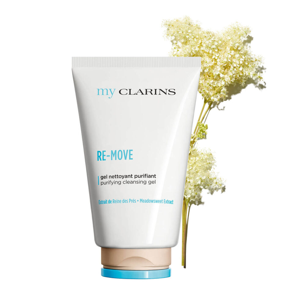 My Clarins Re-Move Purifying Cleansing Gel packshot with  Meadowsweet ingredient