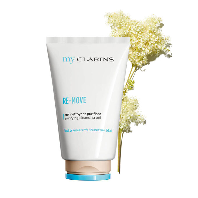 My Clarins Re-Move Purifying Cleansing Gel packshot with  Meadowsweet ingredient