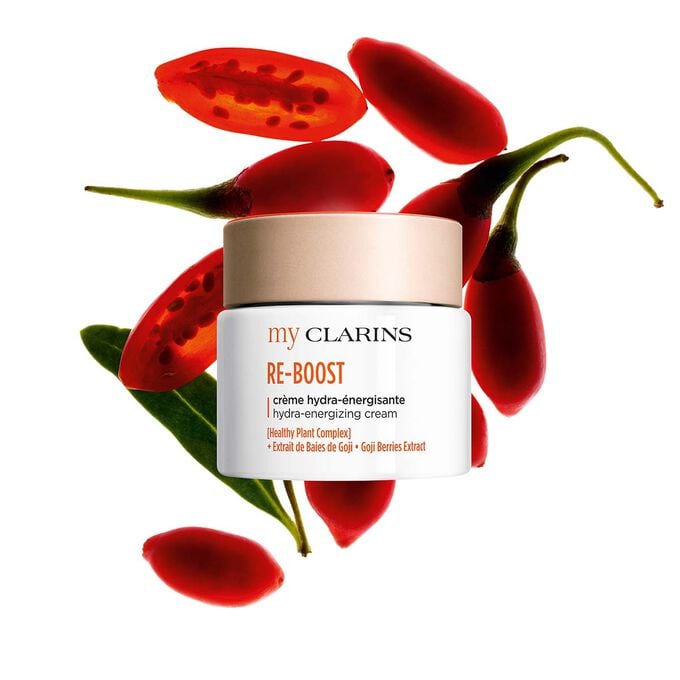 My Clarins Re-Boost Hydra-Energising Cream packshot with goji berry ingredient