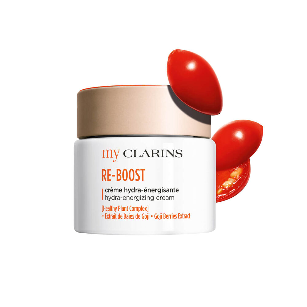 My Clarins Re-Boost Hydra-Energising Cream packshot with goji berry ingredient