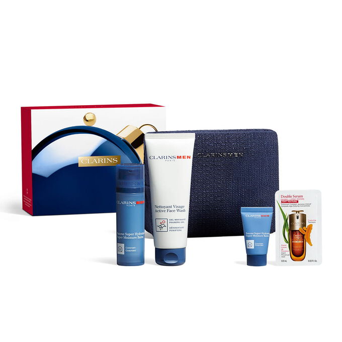 Packshot of Clarins Men Skincare Christmas gift set featuring must-have products for a complete men&rsquo;s daily skincare routine