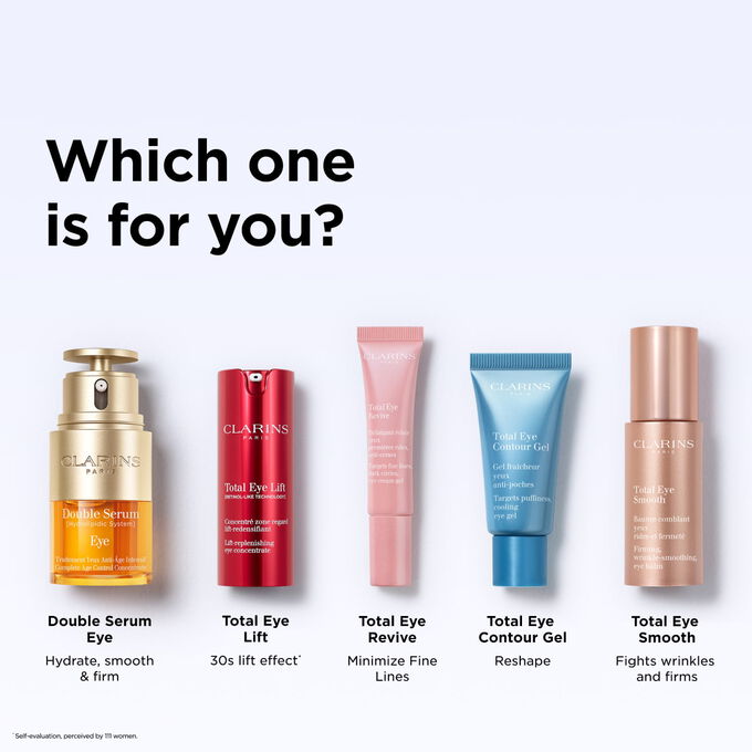 Tube of Clarins Total Eye Contour Gel among coffee seeds to illustrate the natural origin of the product's ingredients.