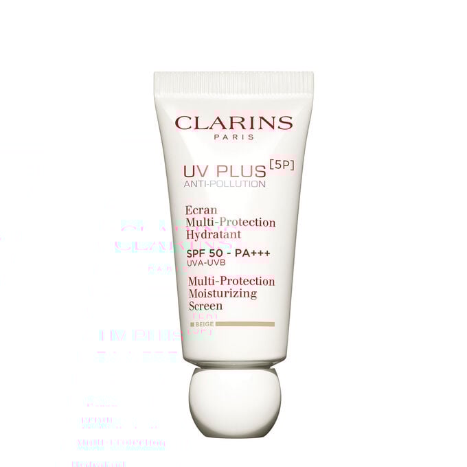 Packshot of a tube of Clarins UV Plus Anti-Pollution Beige a Moisturising Fluid with SPF 50 on a yellow background.