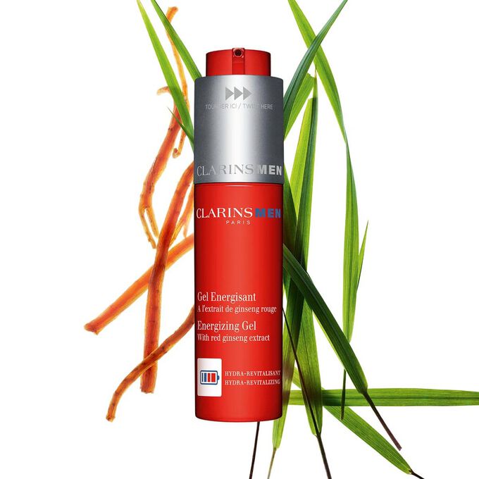 Packshot of the energising gel for men next to some gymnema and bison grass to emphasise its key ingredients.