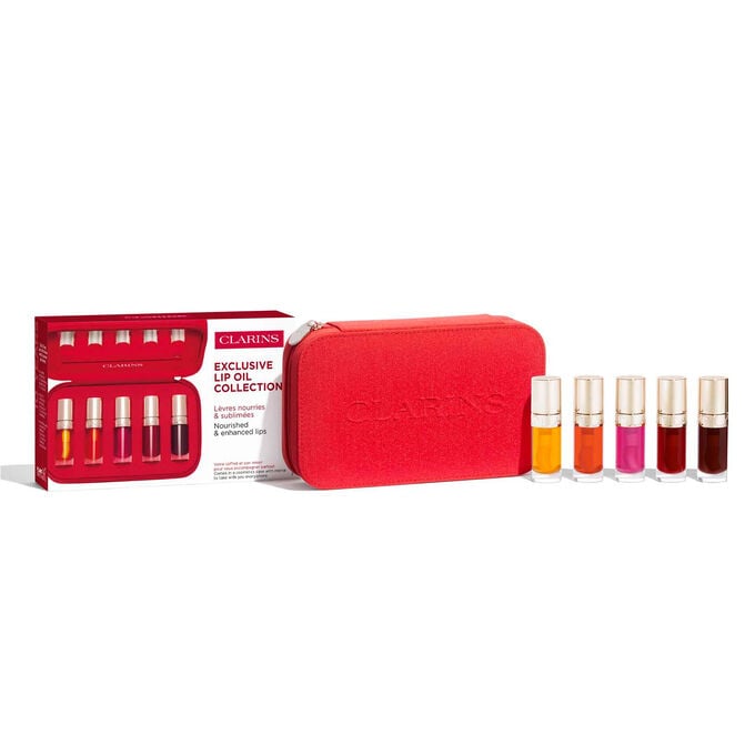 Showcase of the Lip Oil pouch in red fabric, featuring 5 shades.