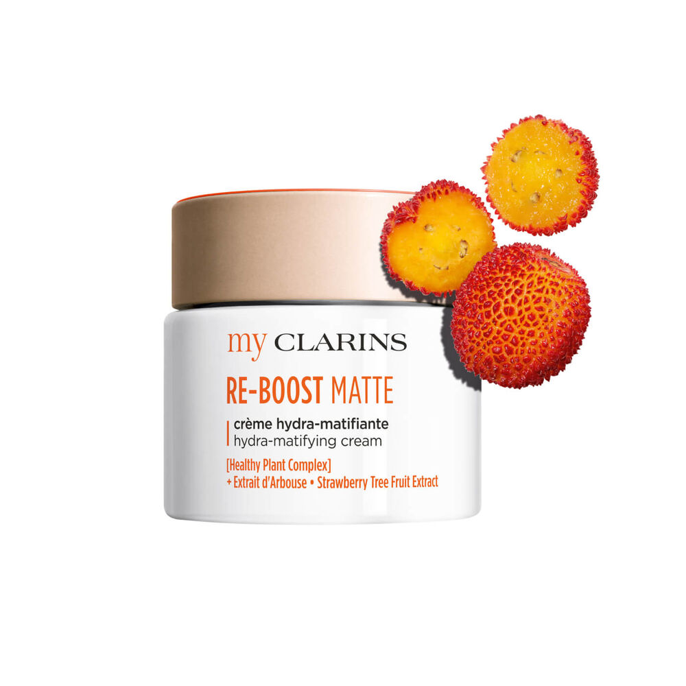 My Clarins Re-Boost Matte Hydra-Mattifying Cream packshot with strawberry tree ingredient