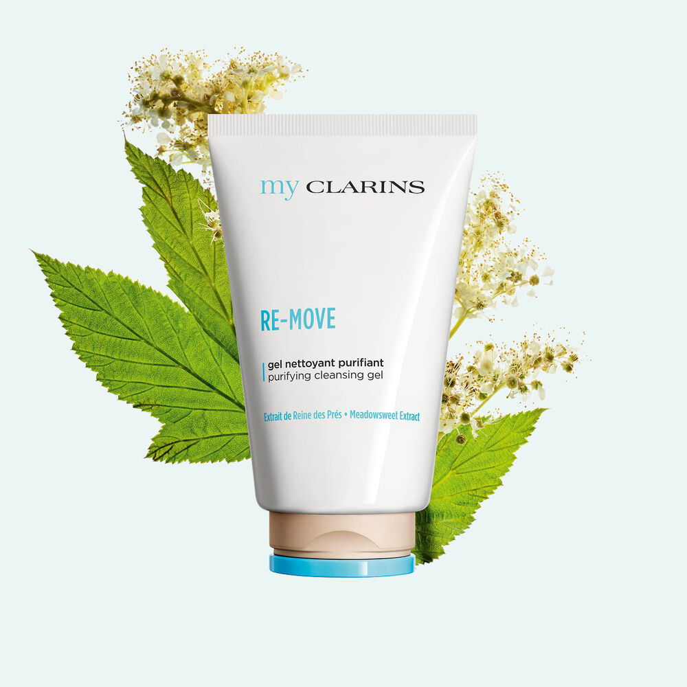My Clarins Re-Move Purifying Cleansing Gel packshot with  Meadowsweet ingredient