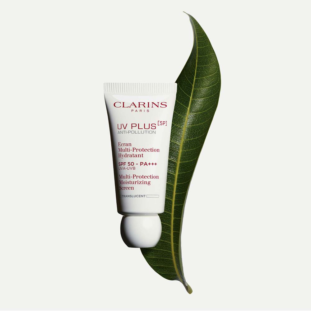 Packshot of a tube of Clarins UV Plus Anti-Pollution Translucent, a Moisturising Fluid with SPF 50 on a white background.