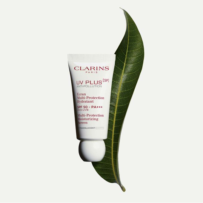 Packshot of a tube of Clarins UV Plus Anti-Pollution Translucent, a Moisturising Fluid with SPF 50 on a white background.