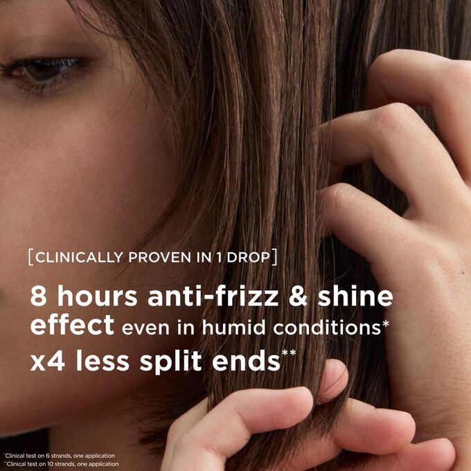 Anti-frizz hair oil treatment providing eight hours of shine and 4 x fewer split ends, even in humid conditions.
