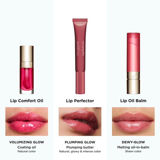 Full Clarins lip care range including lip oil balm and plumping lip perfector for natural, glowy and intense color finish