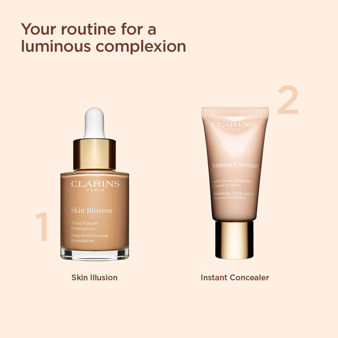 Clarins luminous complexion routine with Instant Concealer and Skin Illusion SPF15.