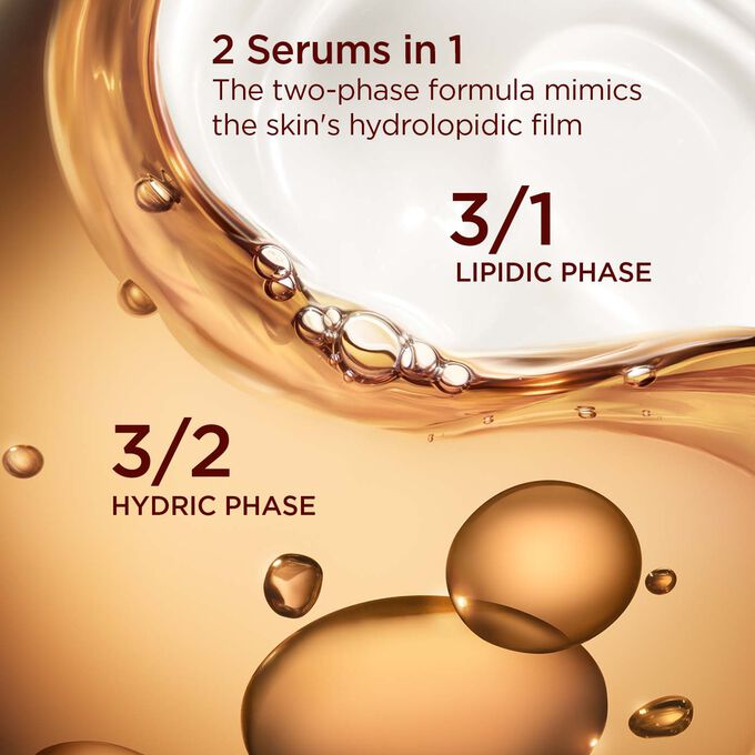 Oily-textured background split in two, illustrating the dual-action formula of Clarins Eye Double Serum