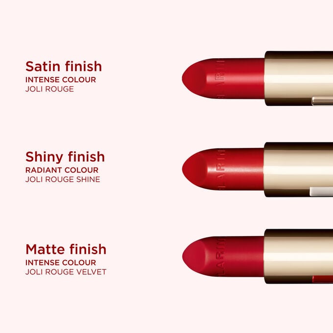 Selection of Clarins lipstick types: satin finish lipstick, shiny finish lipstick, and matte finish lipstick.