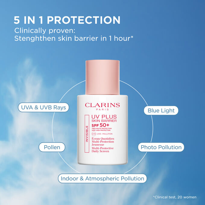 Half-hidden Clarins UV Plus Skin Barrier Fluid, highlighting invisible youth protection and skin barrier strength in 1 hour.