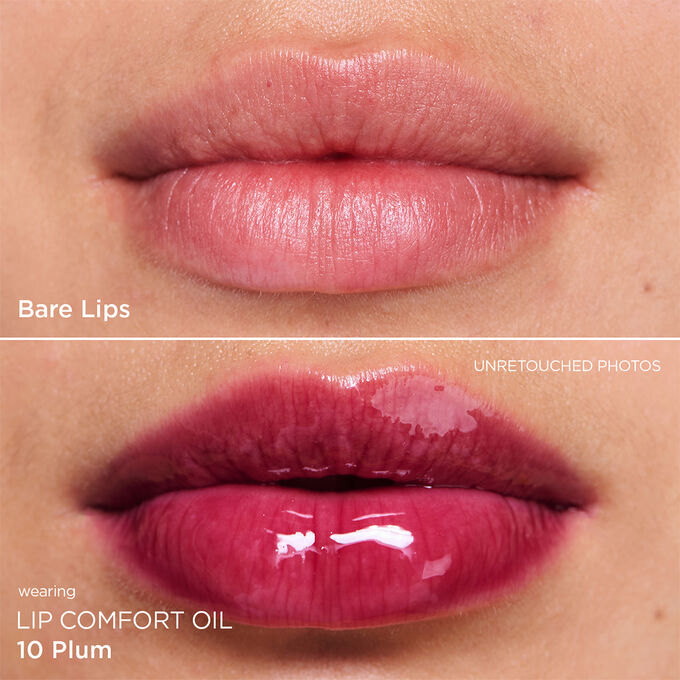 Before and after close-up of a woman’s lips, showing the results after applying the dark purple tone lip oil.