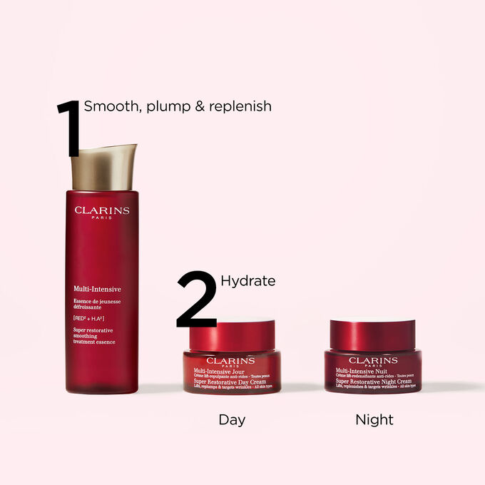 Packshot of Clarins Super Restorative skincare range that make up the perfect anti-ageing routine for all skin types.