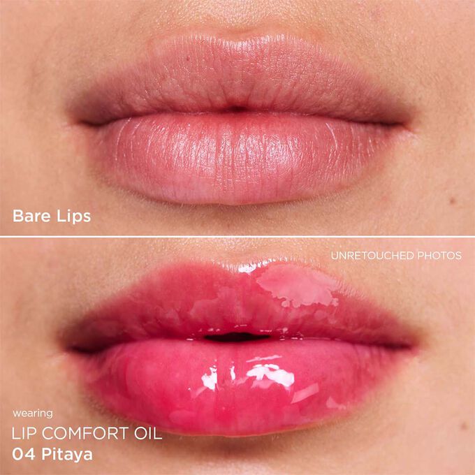 Before and after close-up of a woman’s lips, showing the results after applying the pink lip oil.
