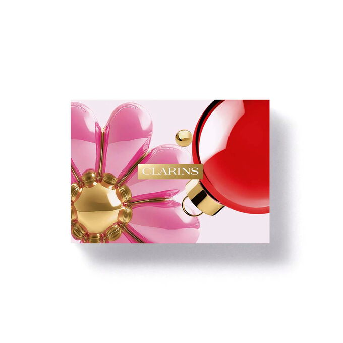 Clarins floral eco designed gift box packaging featuring vibrant pink spring flowers for a double serum eye skincare set.