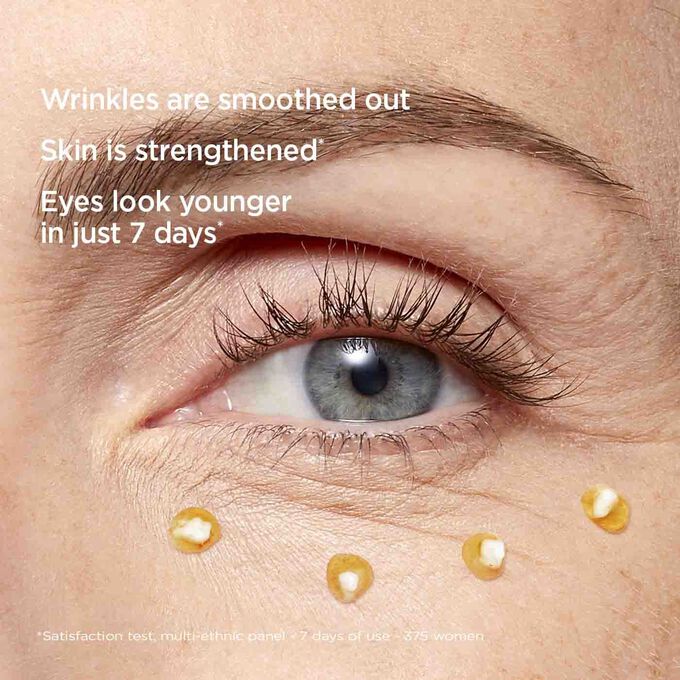 Focus on a woman's eye to illustrate that users of Clarins Double Serum for Eyes see younger-looking eyes in 7 days.