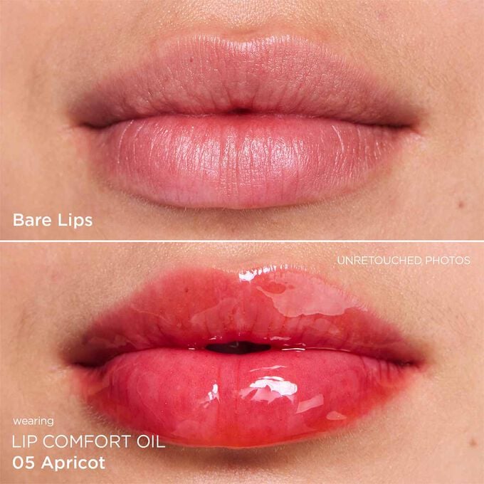 Before and after close-up of a woman’s lips, showing the results after applying the orange tone lip oil.