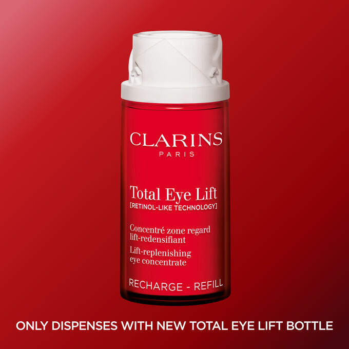 Packshot of Clarins Total Eye Lift anti-aging eye cream refill packaging on a dark red background, highlighting its sustainable refillable design