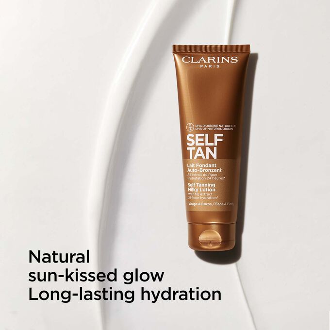 Packshot of Clarins Self Tanning Milky Lotion, highlighting its benefits for a sun-kissed glow and long-lasting hydration.