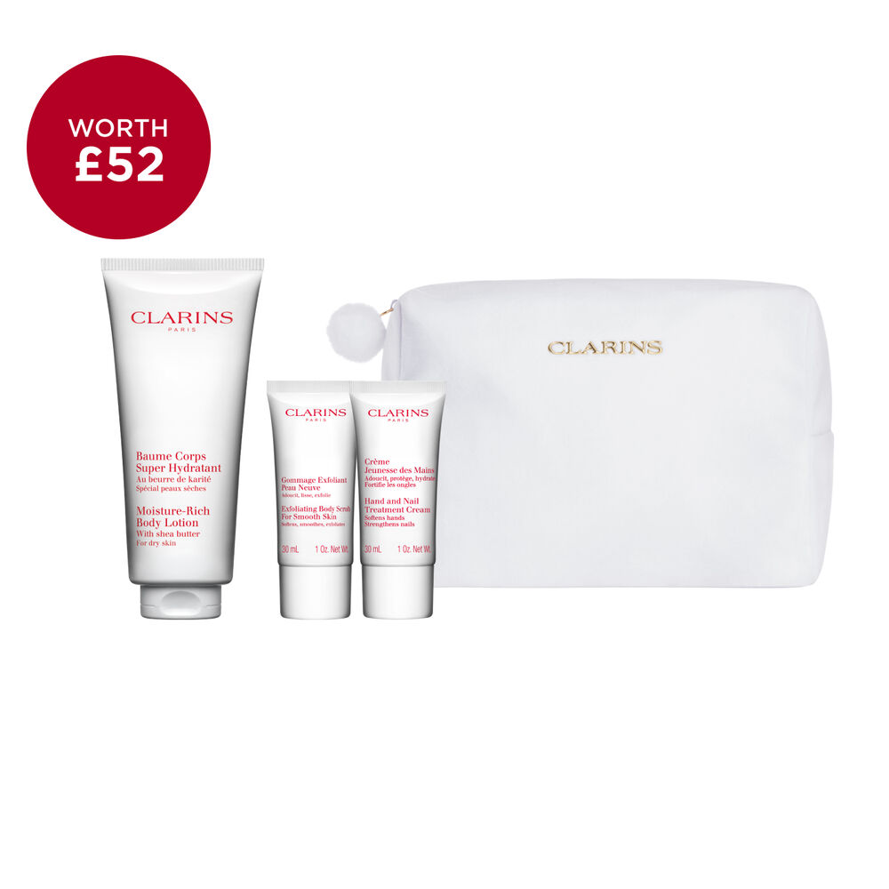 Packshot of Clarins Bodycare Christmas gift set featuring must-have products to exfoliate, hydrate and nourish your skin deeply