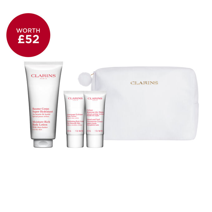 Packshot of Clarins Bodycare Christmas gift set featuring must-have products to exfoliate, hydrate and nourish your skin deeply
