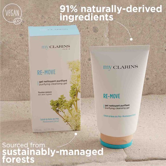 My Clarins Re-Move made from 91% naturally-derived ingredients with packaging sourced from sustainably-managed forests