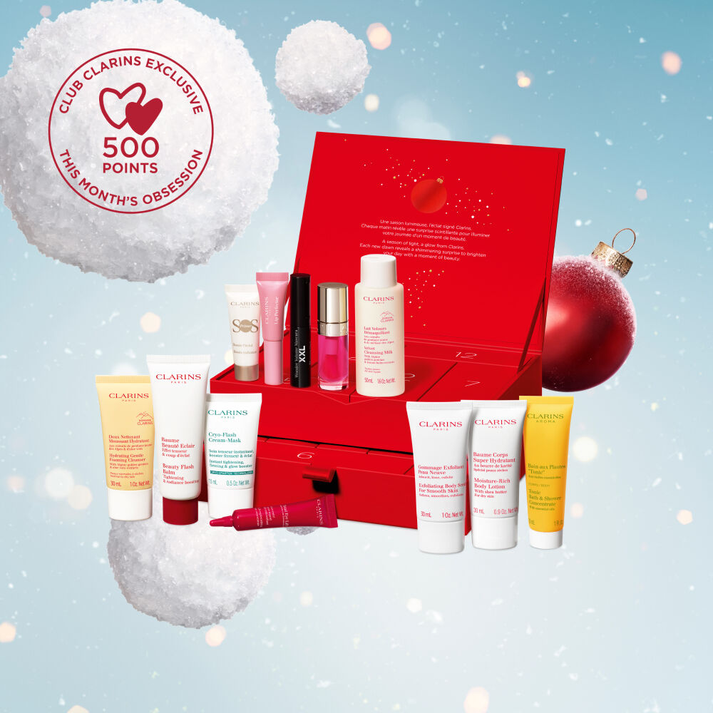 Packshot of Clarins’ 12 Days Beauty Christmas calendar featuring must-have products for your daily skincare and beauty ritual