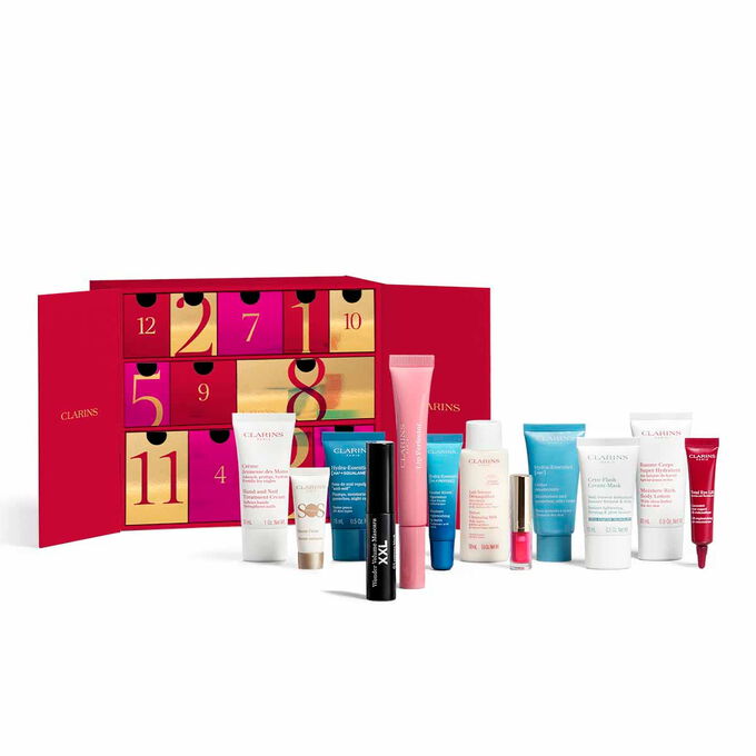 Packshot of Clarins&rsquo; 12 Days Beauty Christmas calendar featuring must-have products for your daily skincare and beauty ritual