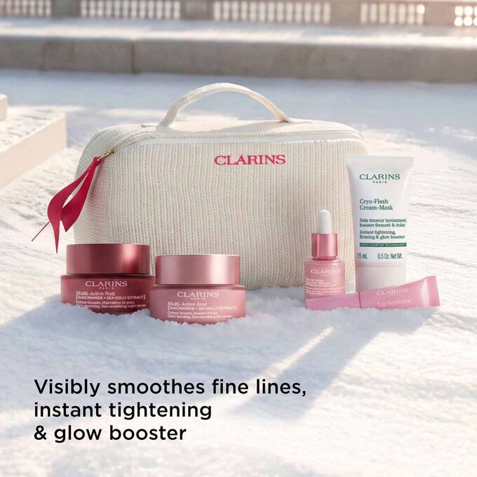 Multi active skincare set with niacinamide cream to target first wrinkles boost skin glow and refine 30s skin texture.