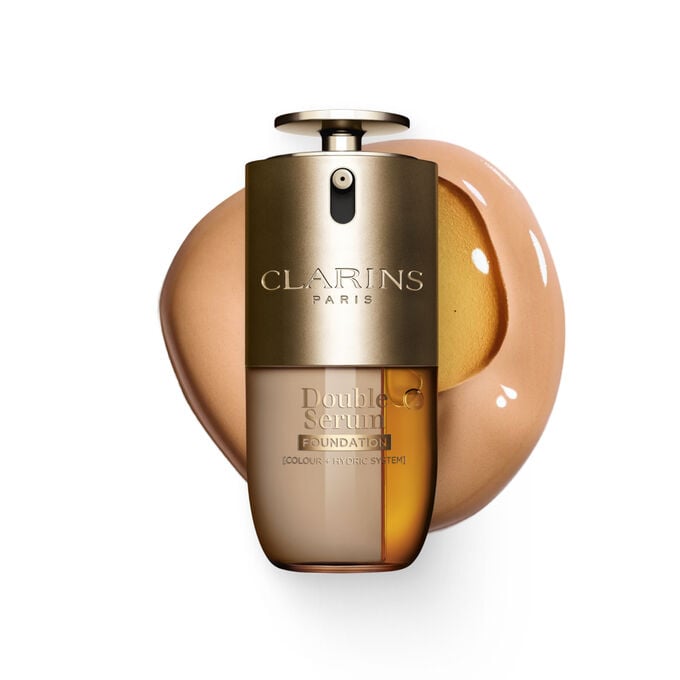 Packshot of Clarins Double Serum Foundation available for every skin tone, featuring key ingredients turmeric and papain 