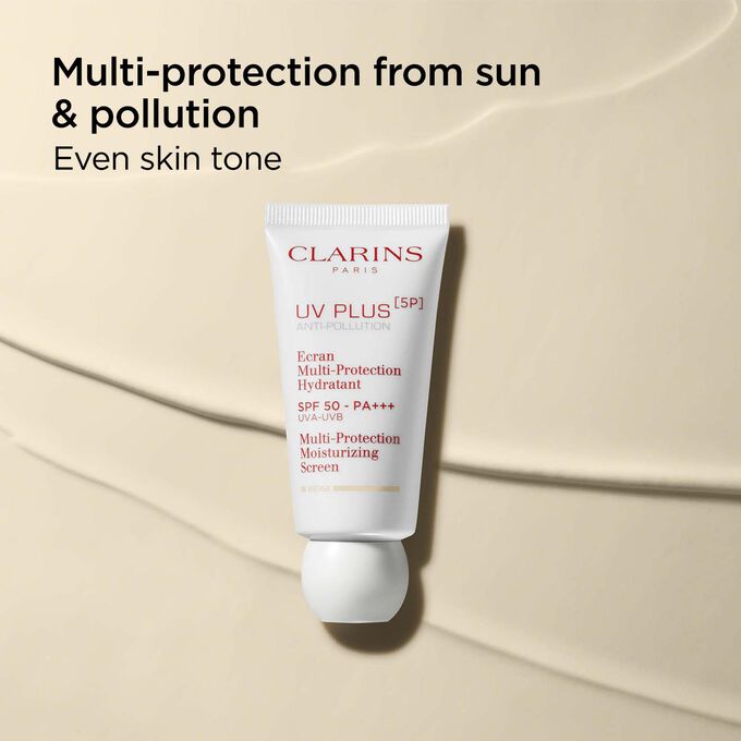 Packshot of Clarins UV Plus Anti-Pollution Beige which provides an even skin tone with sun and pollution protection.