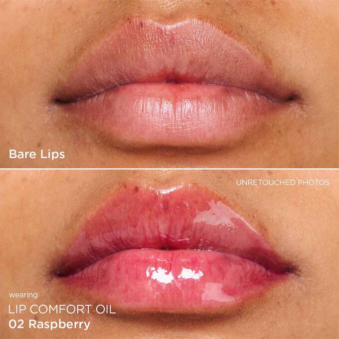 Before and after close-up of a woman’s lips, showing the results after applying the dark pink lip oil.