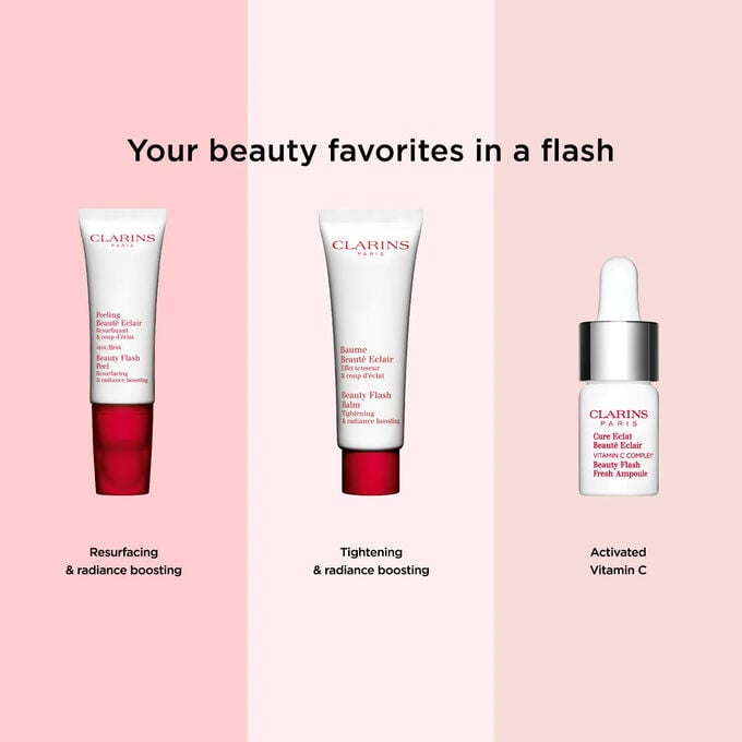 Tube of Clarins Beauty Flash Balm with its packaging, illustrating the recyclable origin of the materials used.