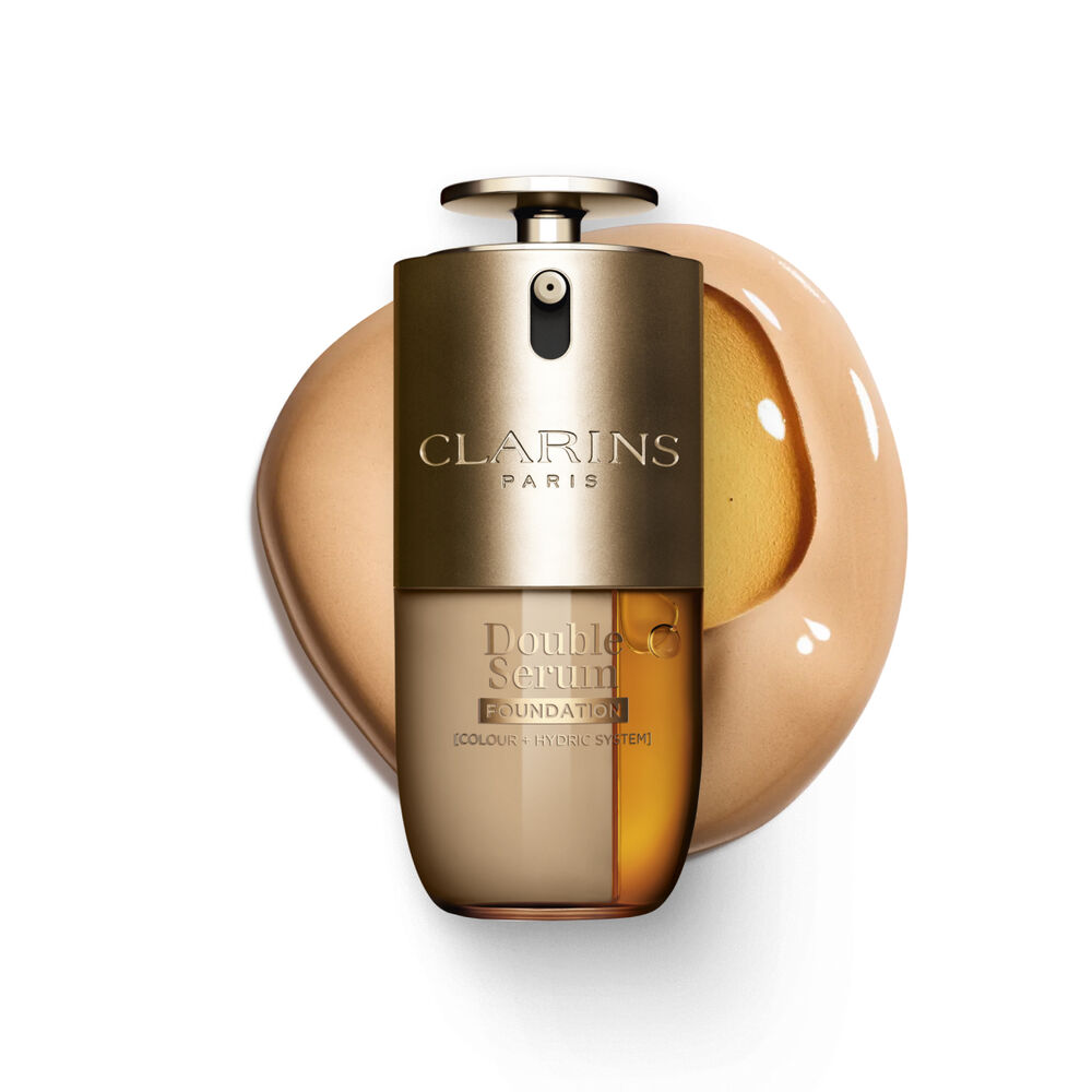 Packshot of Clarins Double Serum Foundation available for every skin tone, featuring key ingredients turmeric and papain 