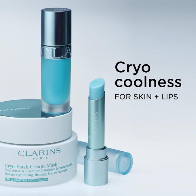 Packshot of the Clarins Cryo Coolness range for skin and lips, showcasing cooling and soothing products for a plumping effect.