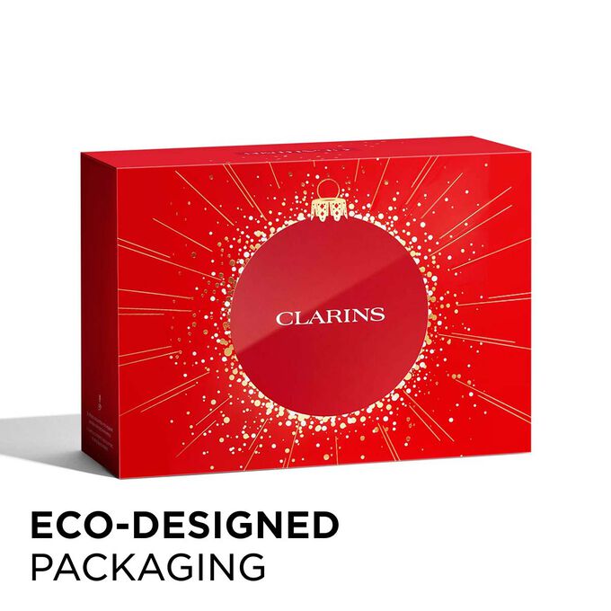Packshot of Clarins Christmas gift pack with eco-friendly packaging, emphasizing sustainability and thoughtful gift-giving.