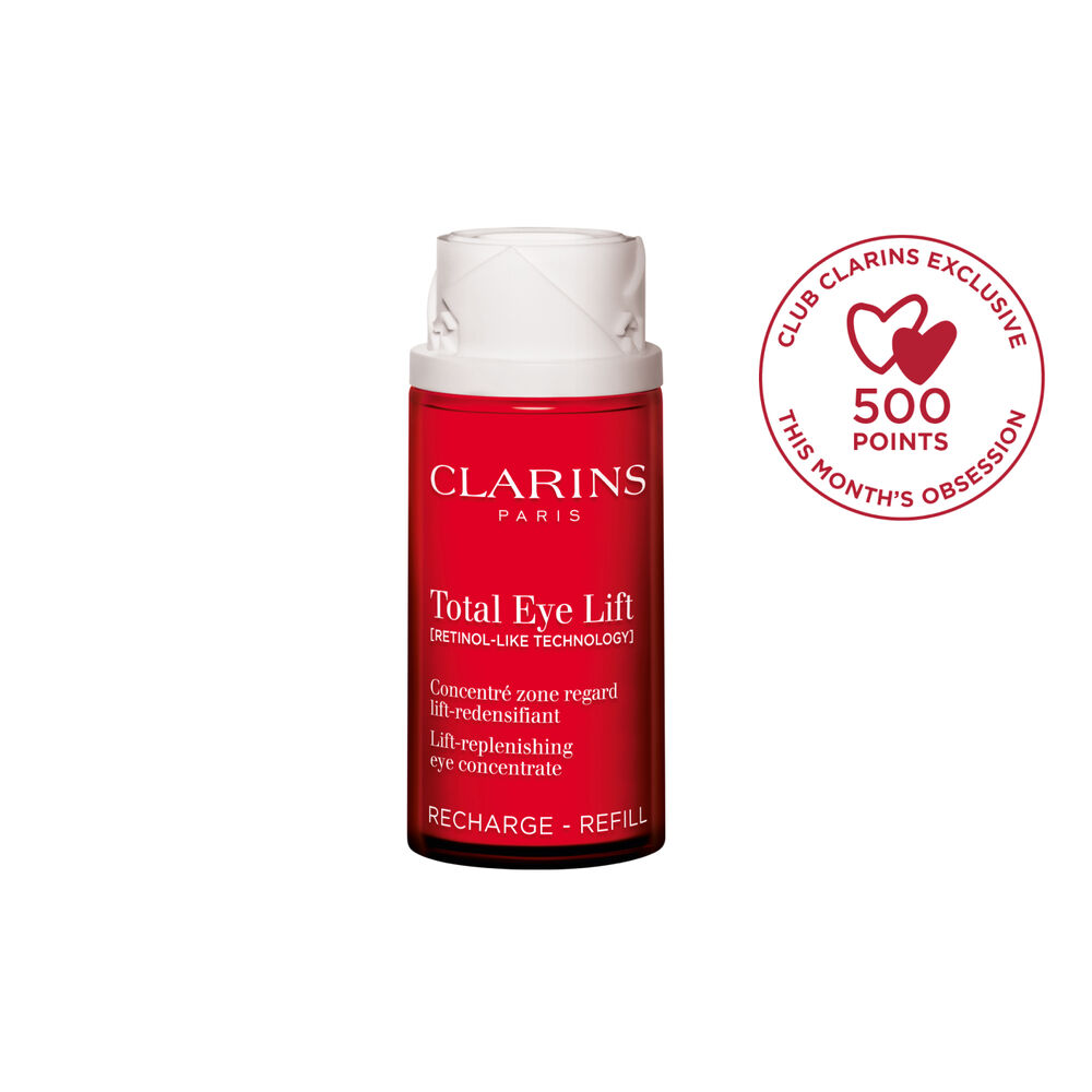 Packshot of Clarins Total Eye Lift anti-aging eye cream refill packaging on a dark red background, highlighting its sustainable refillable design